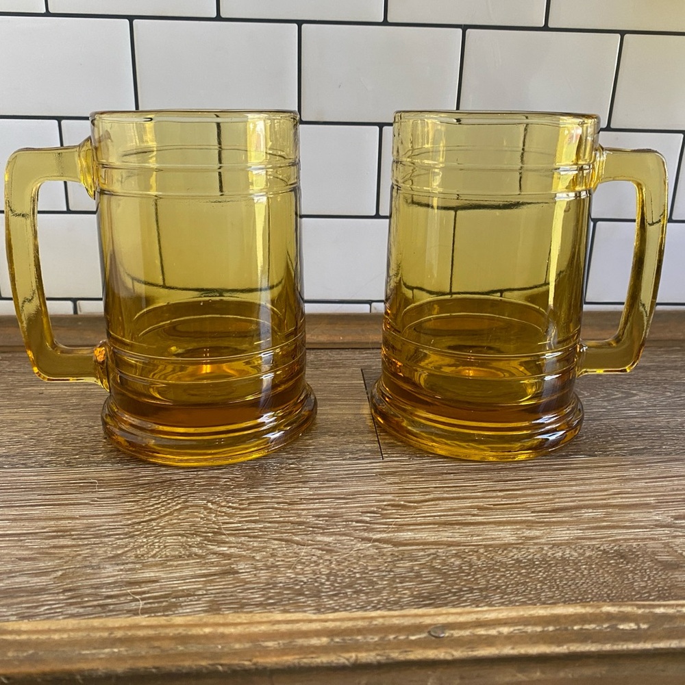 2 MCM Beer Steins Vintage Set Heavy Yellow Glass Mugs Honey Amber Colored Retro